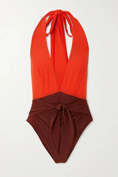 Shop Self-portrait Tie-front Two-tone Halterneck Swimsuit