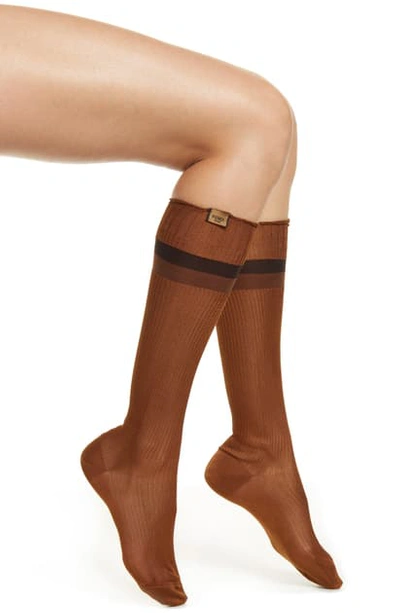 Shop Fendi Ribbed Knee High Socks In Gnac