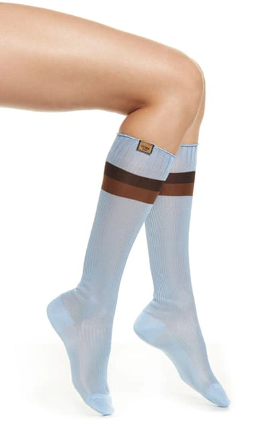 Shop Fendi Ribbed Knee High Socks In Petrol Blue