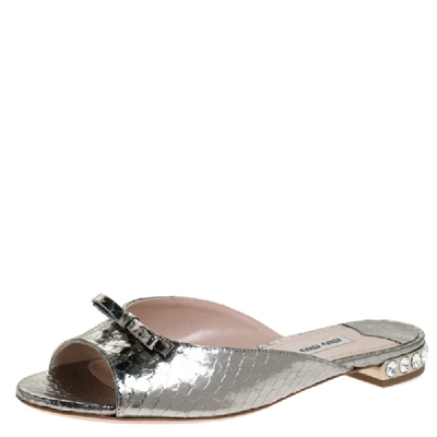 Pre-owned Miu Miu Silver Python Embossed Leather Crystal Embellished Slide Sandals Size 36.5