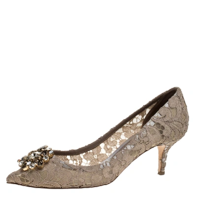 Pre-owned Dolce & Gabbana Beige Crystal Embellished Lace Bellucci Pointed Toe Pumps Size 40