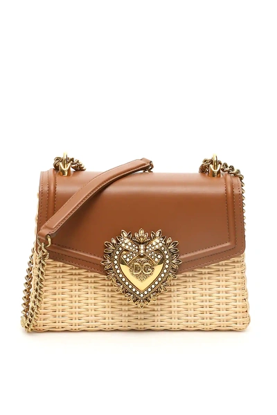 Shop Dolce & Gabbana Devotion Wicker Bag In Beige,brown