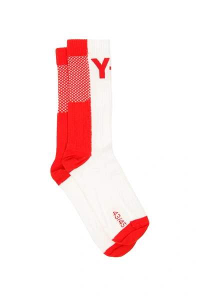 Shop Y-3 Logo Socks In White,red