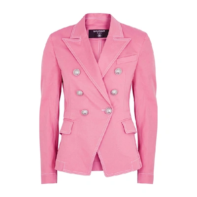 Shop Balmain Pink Double-breasted Denim Blazer In Rose