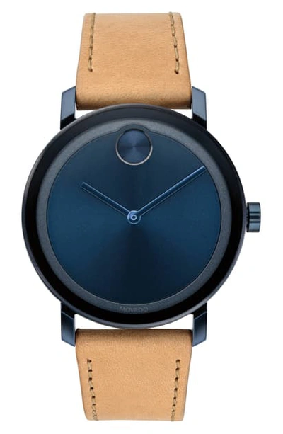 Shop Movado Bold Evolution Leather Strap Watch, 40mm In Beige/ Blue