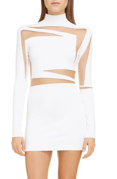 Shop Balmain Sheer Inset Long Sleeve Body-con Minidress In 0fa Blanc