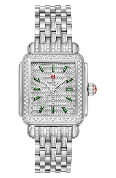 Shop Michele Deco Limited Edition Emerald & Pave Diamond Watch Head & Diamond Bracelet, 34mm In Silver/ Emerald/ Silver