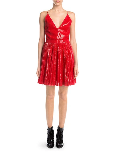 Shop Msgm Pleated Sequin Flare Dress In Red
