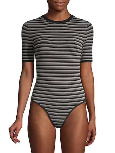 Shop Michael Kors Striped Crewneck Bodysuit In Slate