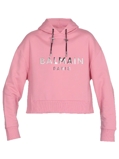 Shop Balmain Cropped Cotton Sweatshirt In Rose/argent