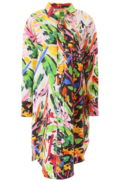 Shop Marni Floral Print Long Oversized Shirt In Multi (green)