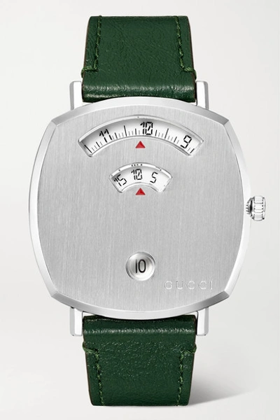 Shop Gucci Grip 35mm Stainless Steel And Leather Watch In Green