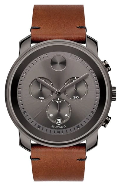 Shop Movado 'bold' Chronograph Leather Strap Watch, 44mm In Brown/ Black