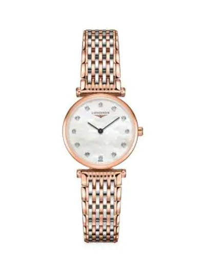 Shop Longines La Grande Classique Two-tone & Diamond Bracelet Watch In Mother Of Pearl