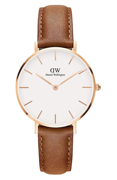Shop Daniel Wellington Classic Petite Leather Strap Watch, 32mm In Light Brown/ White/ Rose Gold