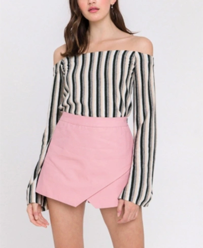 Shop Endless Rose Stripe Off The Shoulder Knit Top In Gray