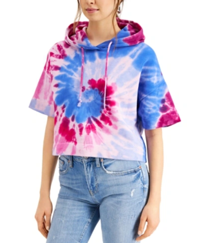 Shop French Connection Cotton Tie-dyed Cropped Hoodie In Magenta Multi