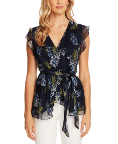 Shop Vince Camuto Vince Camtuo Petite Ruffled Floral-print Top In Navy