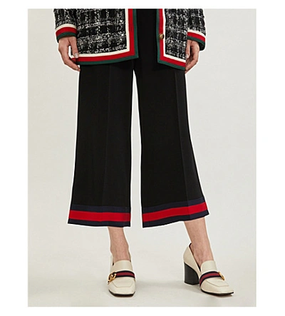 Shop Gucci Web-stripe Wide-leg Cropped Stretch-cady Trousers In Black/ Mix