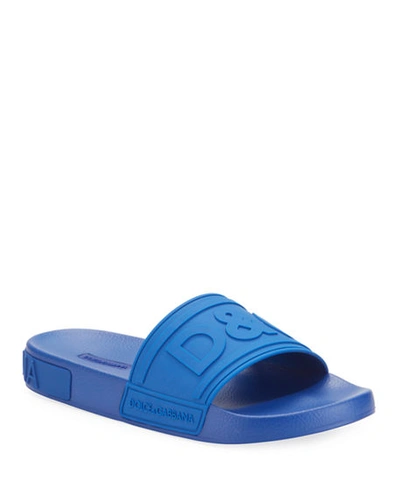 Shop Dolce & Gabbana Men's Logo-embossed Rubber Slide Sandals In Blue