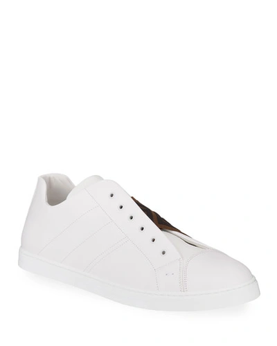 Shop Fendi Men's Laceless Leather Ff-strap Sneakers In White