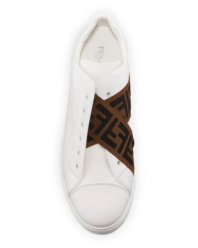 Shop Fendi Men's Laceless Leather Ff-strap Sneakers In White