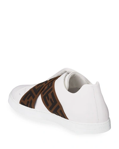 Shop Fendi Men's Laceless Leather Ff-strap Sneakers In White