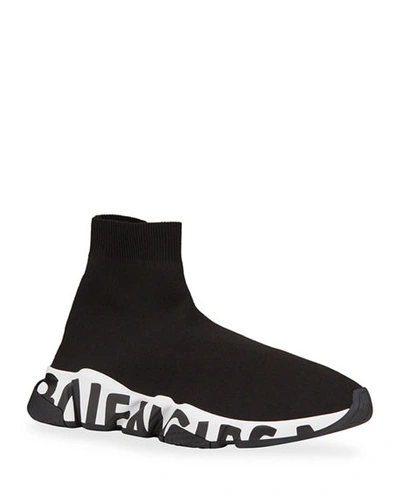 Shop Balenciaga Men's Speed Graffiti Sneakers In Black/white
