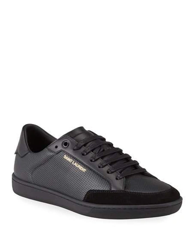 Shop Saint Laurent Men's Court Classic Perforated Leather Sneakers In Black