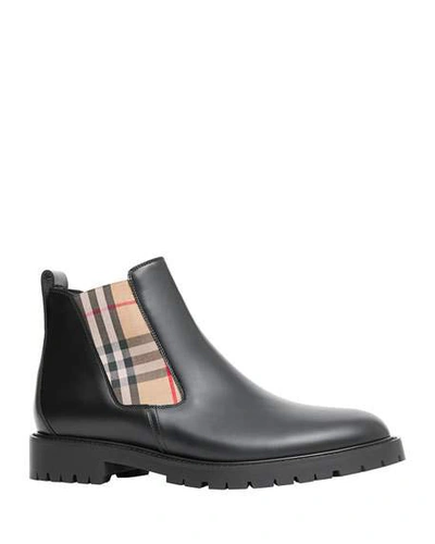 Shop Burberry Men's Allostock Vintage Check Leather Chelsea Boots In Black Pattern