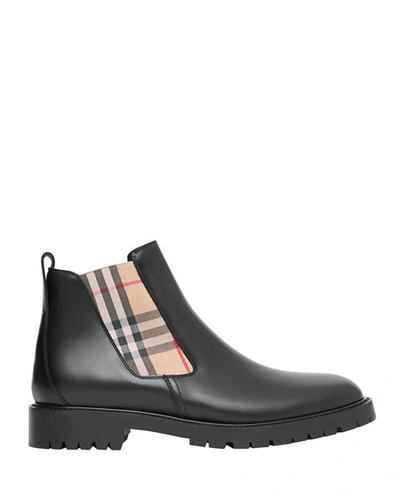 Shop Burberry Men's Allostock Vintage Check Leather Chelsea Boots In Black Pattern