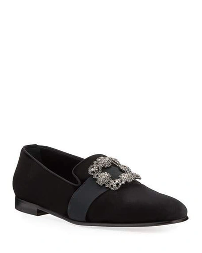 Shop Manolo Blahnik Men's Carlton Suede Jeweled-buckle Loafers In Black