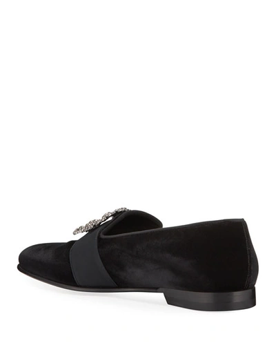Shop Manolo Blahnik Men's Carlton Suede Jeweled-buckle Loafers In Black
