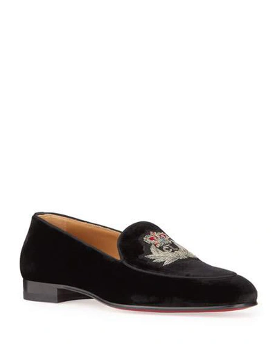 Shop Christian Louboutin Men's Crest On The Nile Velvet Red Sole Loafers In Black