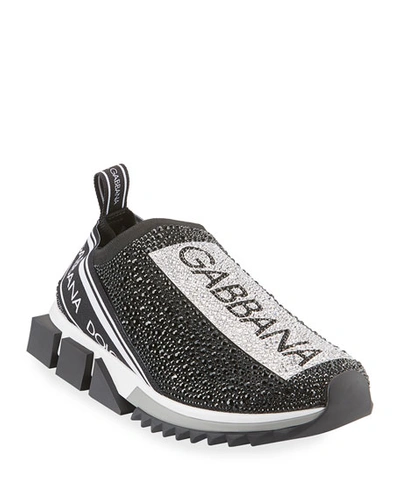 Shop Dolce & Gabbana Men's Sorrento Crystal-embellished Logo Knit Sneakers In Black/white