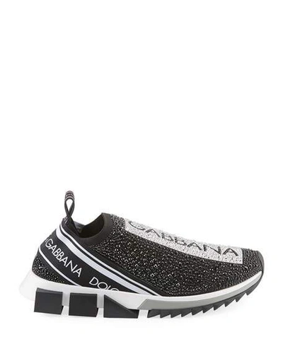 Shop Dolce & Gabbana Men's Sorrento Crystal-embellished Logo Knit Sneakers In Black/white