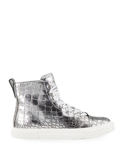 Shop Giuseppe Zanotti Men's Blabber Metallic Croc-embossed High-top Sneakers In Silver