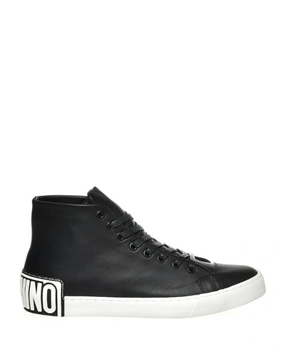 Shop Moschino Men's Leather Logo High-top Sneakers In Black