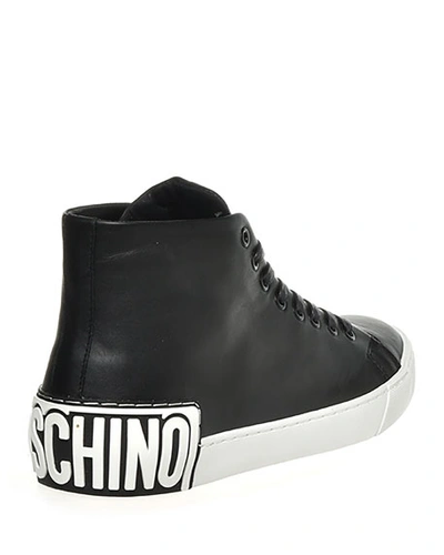 Shop Moschino Men's Leather Logo High-top Sneakers In Black