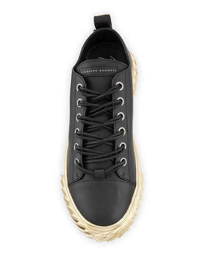 Shop Giuseppe Zanotti Men's Blabber Leather Sneakers W/ Metallic Sole In Black/gold