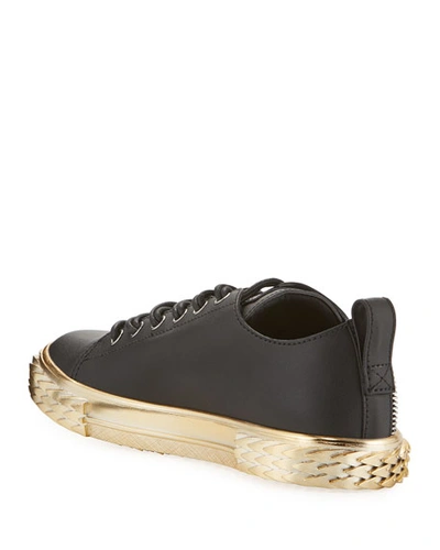 Shop Giuseppe Zanotti Men's Blabber Leather Sneakers W/ Metallic Sole In Black/gold