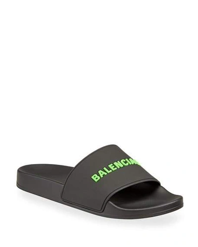 Shop Balenciaga Men's Rubber Logo Pool Slide Sandals In Black/green