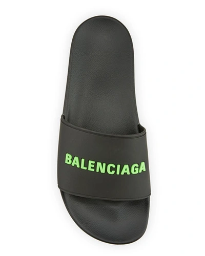 Shop Balenciaga Men's Rubber Logo Pool Slide Sandals In Black/green