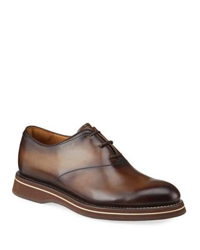 Shop Berluti Men's Venezia Burnished Leather Oxford Shoes In Brown