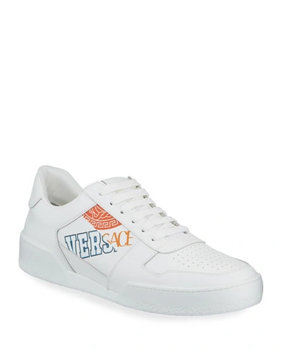 Shop Versace Men's Retro Logo Leather Sneakers In White