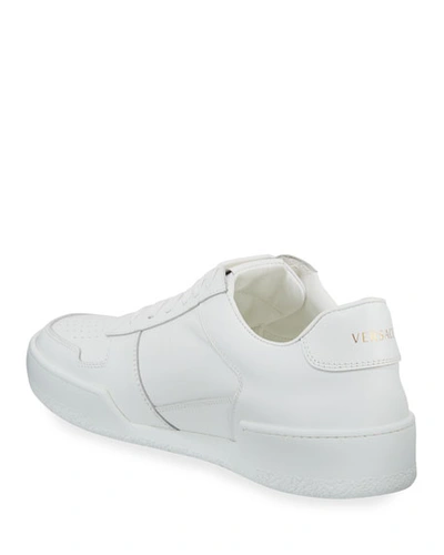 Shop Versace Men's Retro Logo Leather Sneakers In White