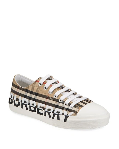 Shop Burberry Men's Larkhall Vintage Check Logo Canvas Sneakers In Beige