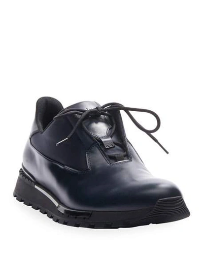Shop Berluti Men's Glazed Leather Sneakers In Navy