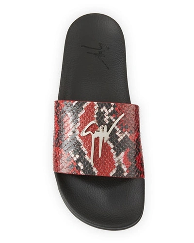Shop Giuseppe Zanotti Men's Snake-embossed Leather Logo Slide Sandals In Red Pattern