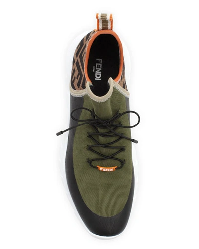 Shop Fendi Men's Mid-top Sock Sneakers In Green/brown